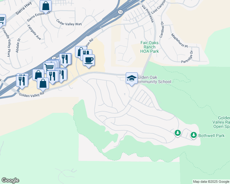 map of restaurants, bars, coffee shops, grocery stores, and more near 25155 Golden Maple Drive in Santa Clarita