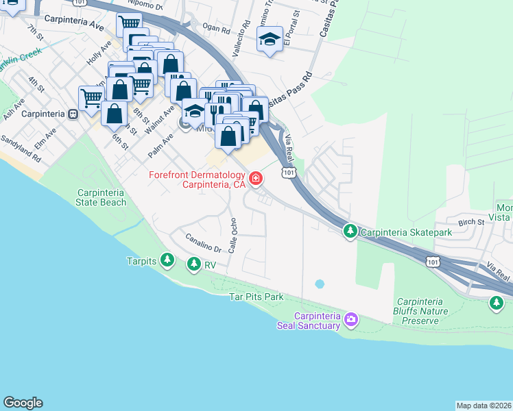 map of restaurants, bars, coffee shops, grocery stores, and more near 1000 Concha Loma Drive in Carpinteria