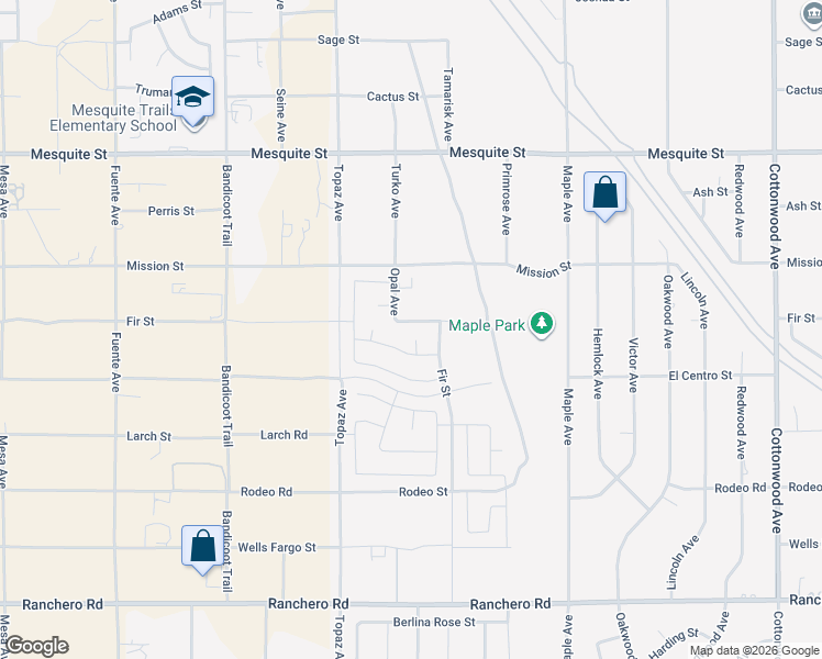 map of restaurants, bars, coffee shops, grocery stores, and more near 14219 Fir Street in Oak Hills
