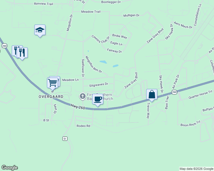map of restaurants, bars, coffee shops, grocery stores, and more near 2251 Sitgreaves Drive in Heber-Overgaard