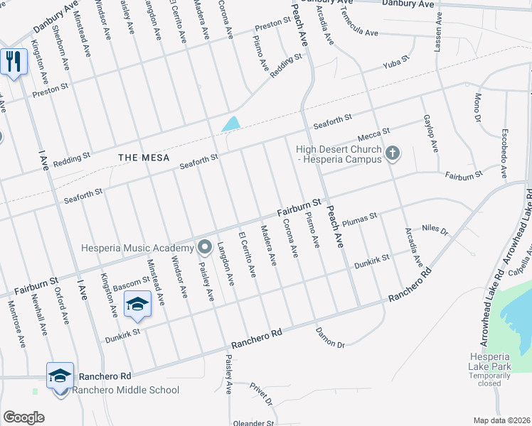 map of restaurants, bars, coffee shops, grocery stores, and more near 18126 Fairburn Street in Hesperia