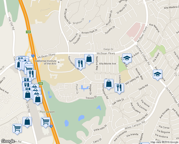 map of restaurants, bars, coffee shops, grocery stores, and more near 25850 Tournament Road in Santa Clarita