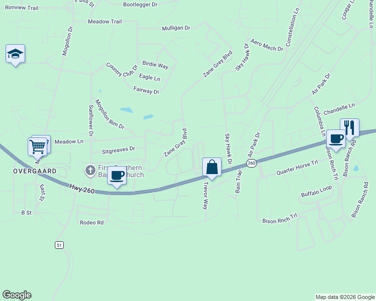 map of restaurants, bars, coffee shops, grocery stores, and more near 2328 Overgaard Springs Loop in Navajo County