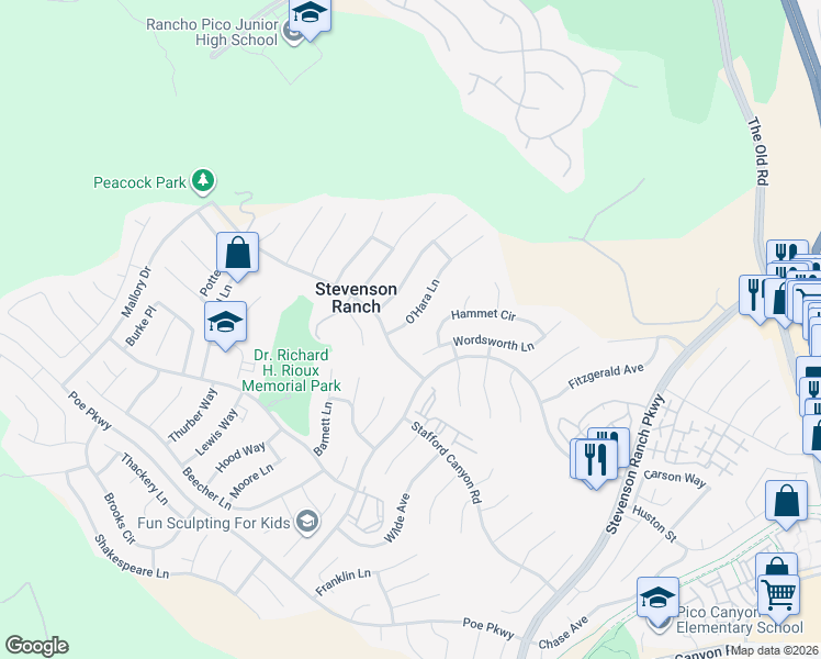 map of restaurants, bars, coffee shops, grocery stores, and more near 26020 O'Hara Lane in Stevenson Ranch