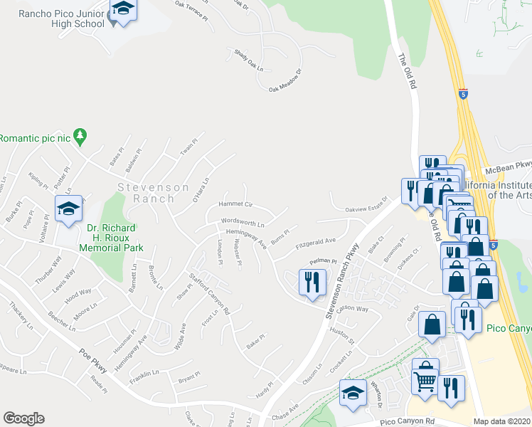 map of restaurants, bars, coffee shops, grocery stores, and more near 25716 Hammet Circle in Stevenson Ranch