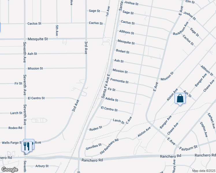map of restaurants, bars, coffee shops, grocery stores, and more near 16296 Fir Street in Hesperia