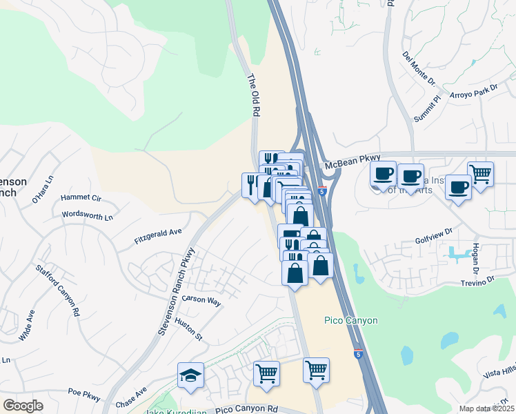 map of restaurants, bars, coffee shops, grocery stores, and more near 25935 The Old Road in Stevenson Ranch