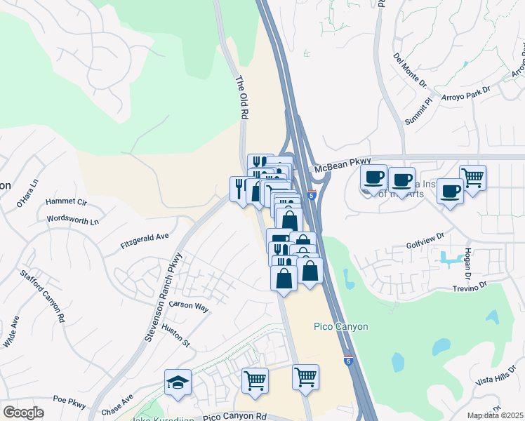 map of restaurants, bars, coffee shops, grocery stores, and more near 25918 The Old Road in Stevenson Ranch