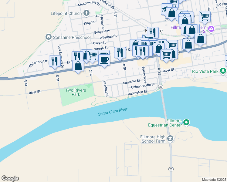 map of restaurants, bars, coffee shops, grocery stores, and more near 68 Rio Grande Street in Fillmore
