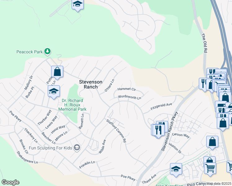 map of restaurants, bars, coffee shops, grocery stores, and more near 25868 Hammet Circle in Stevenson Ranch
