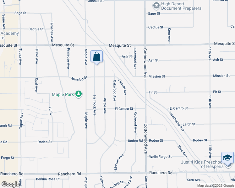 map of restaurants, bars, coffee shops, grocery stores, and more near 7795 Oakwood Avenue in Hesperia