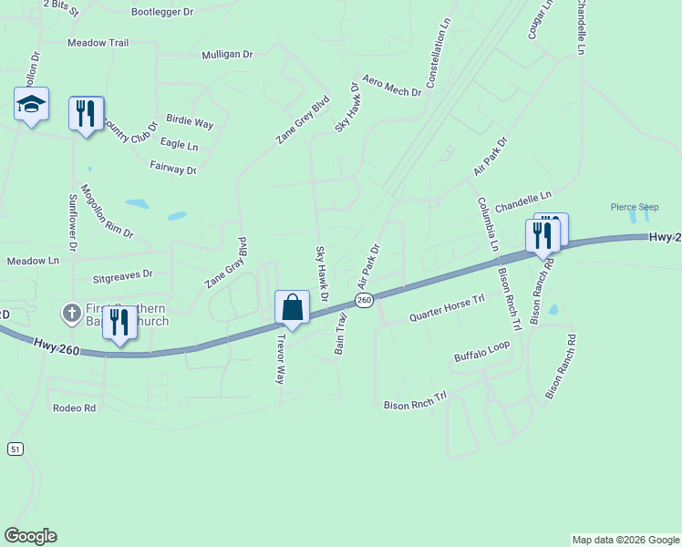 map of restaurants, bars, coffee shops, grocery stores, and more near 2270 Spitfire Circle in Navajo County