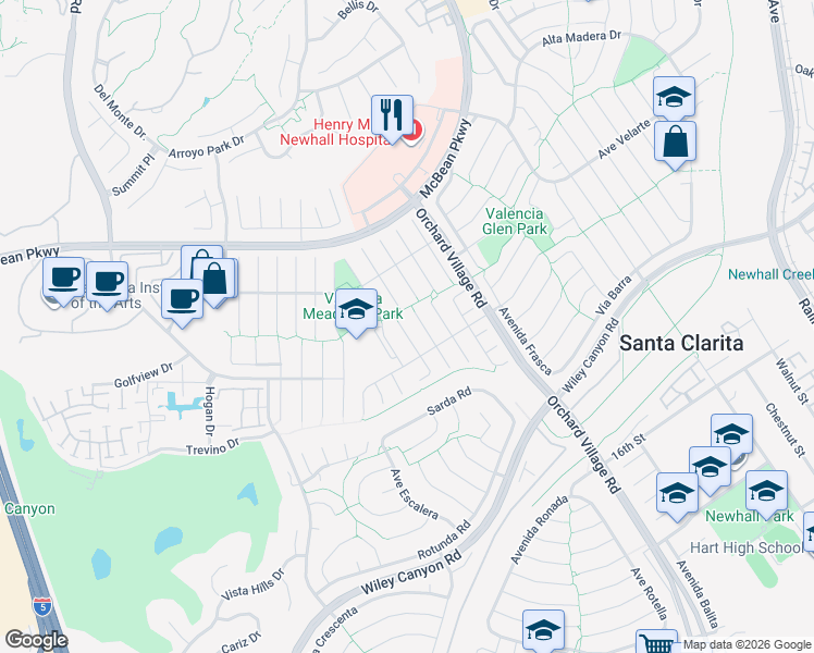 map of restaurants, bars, coffee shops, grocery stores, and more near 25582 Old Course Way in Santa Clarita