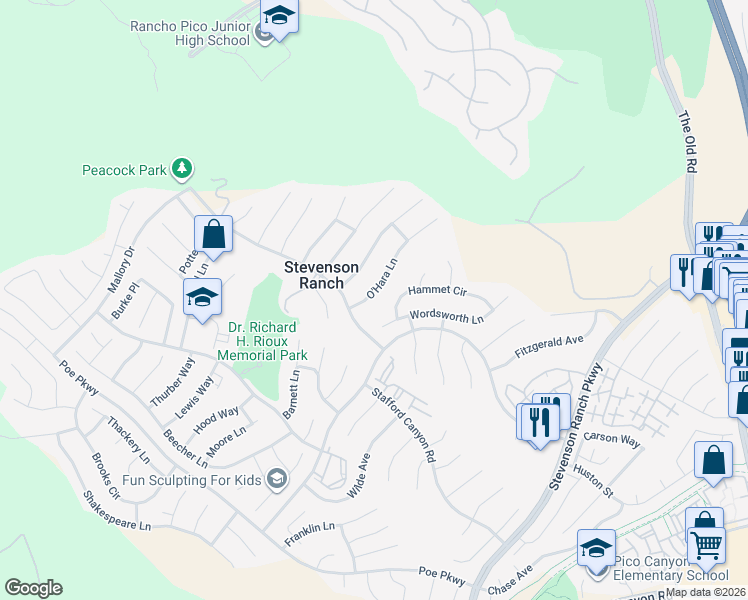 map of restaurants, bars, coffee shops, grocery stores, and more near 26020 O'Hara Lane in Stevenson Ranch