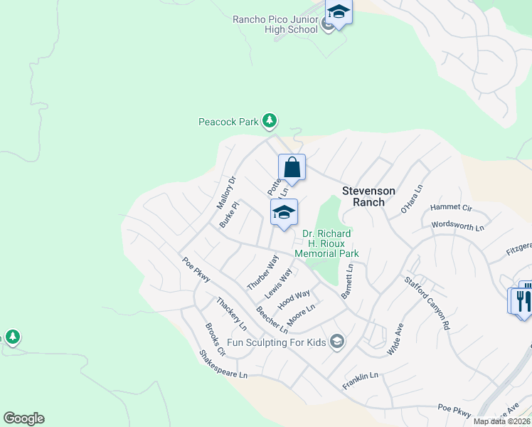 map of restaurants, bars, coffee shops, grocery stores, and more near 26403 Ocasey Place in Stevenson Ranch