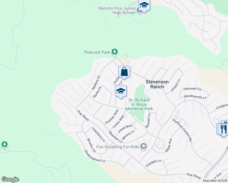 map of restaurants, bars, coffee shops, grocery stores, and more near 26403 Ocasey Place in Stevenson Ranch