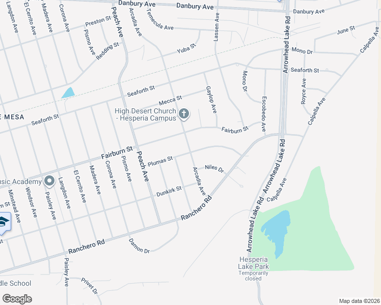 map of restaurants, bars, coffee shops, grocery stores, and more near Plumas Street in Hesperia