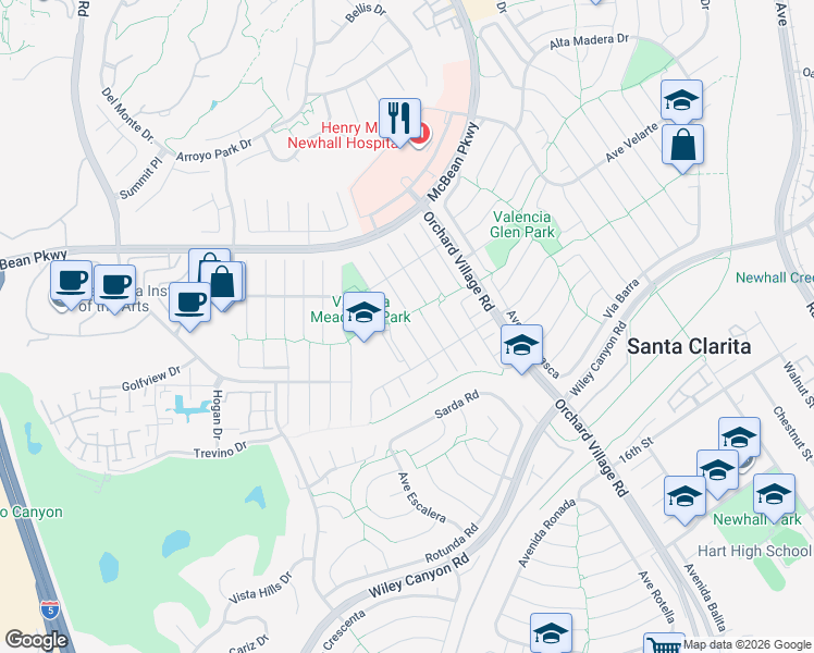 map of restaurants, bars, coffee shops, grocery stores, and more near 25582 Old Course Way in Santa Clarita