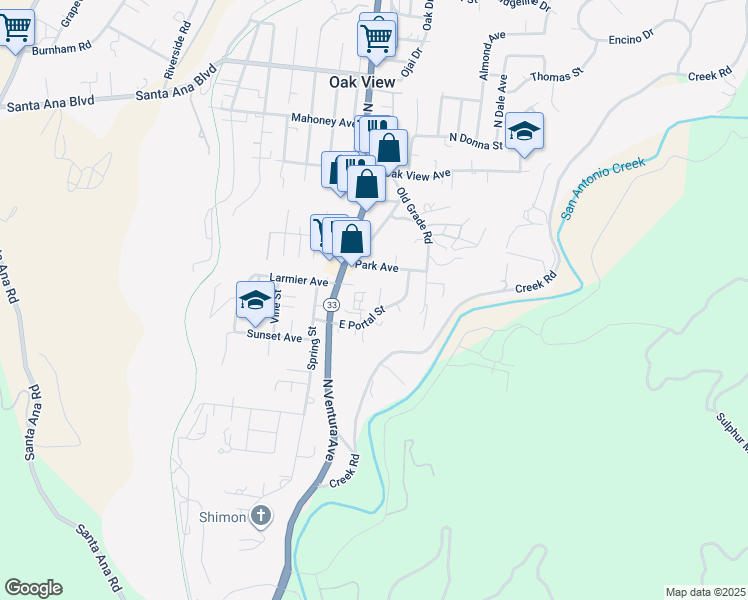 map of restaurants, bars, coffee shops, grocery stores, and more near 107 Portal Street in Oak View