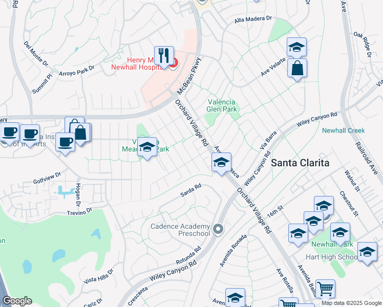 map of restaurants, bars, coffee shops, grocery stores, and more near 25548 Meadow Mont Street in Santa Clarita