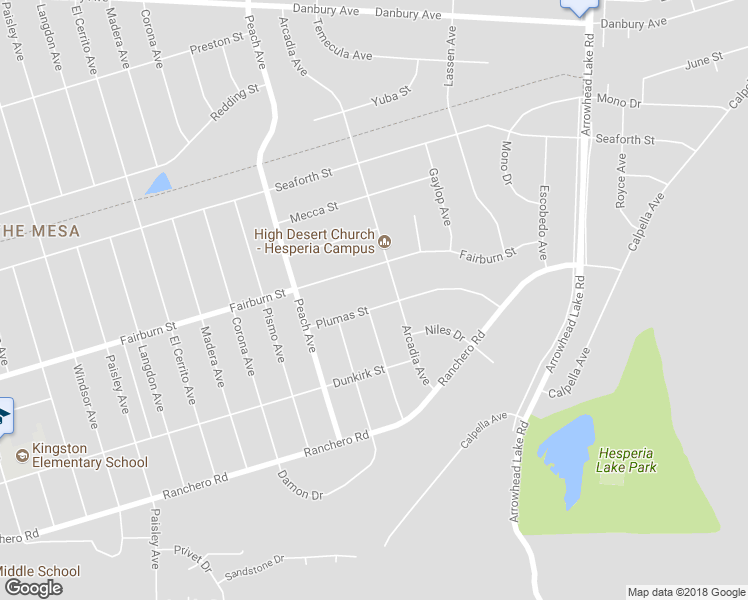 map of restaurants, bars, coffee shops, grocery stores, and more near 18530 Plumas Street in Hesperia