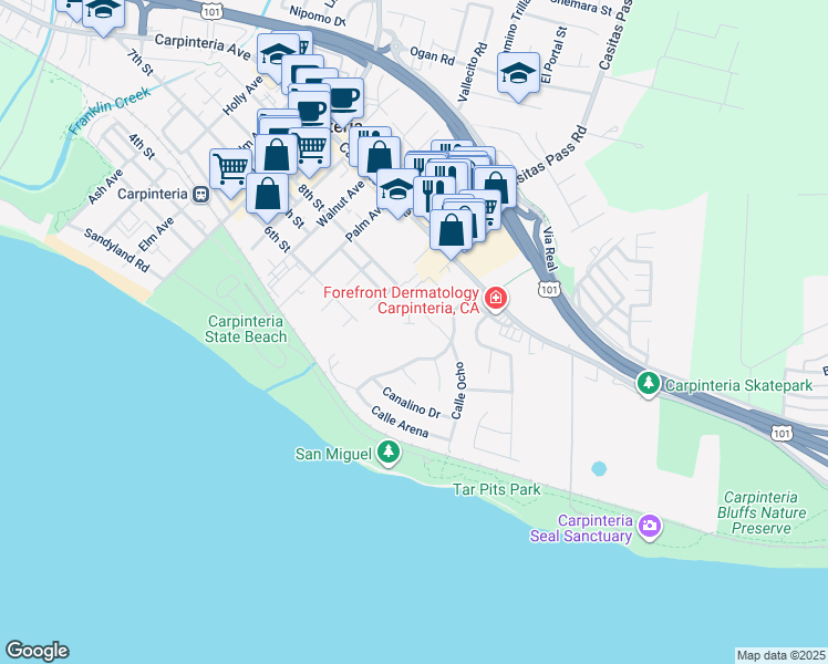 map of restaurants, bars, coffee shops, grocery stores, and more near 5455 8th Street in Carpinteria