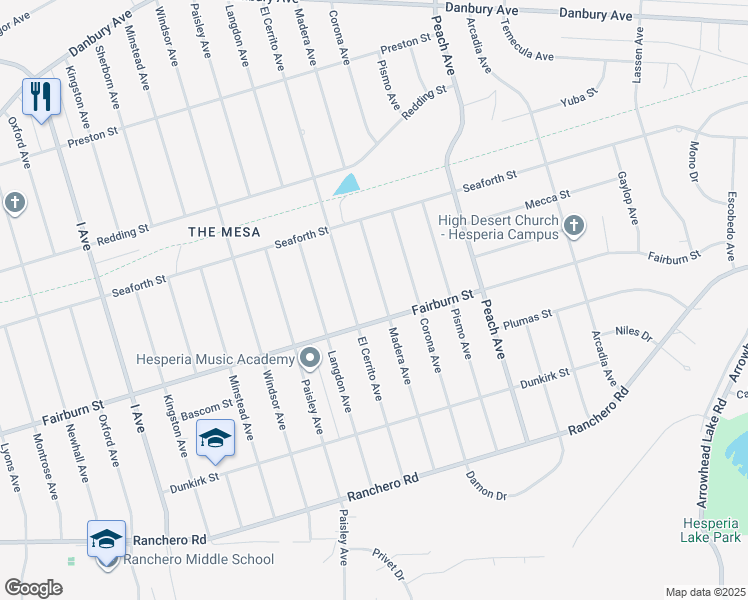 map of restaurants, bars, coffee shops, grocery stores, and more near 7762 Madera Avenue in Hesperia