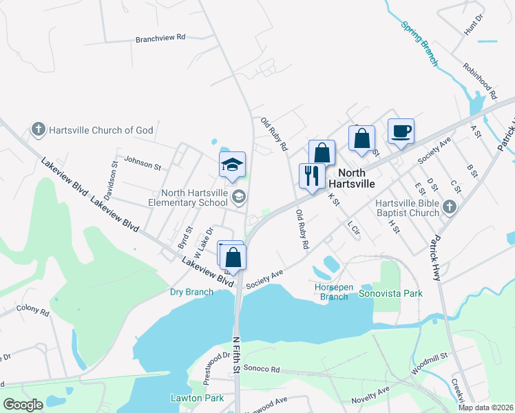 map of restaurants, bars, coffee shops, grocery stores, and more near 1103 Ruby Road in Hartsville