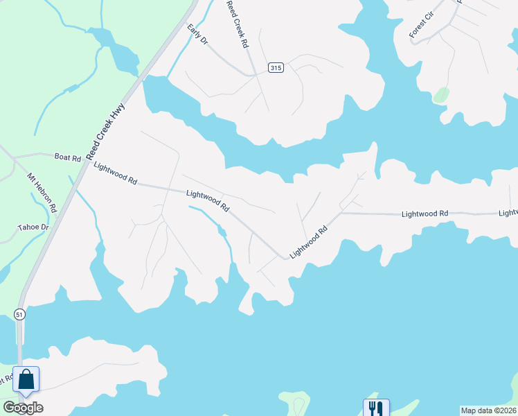 map of restaurants, bars, coffee shops, grocery stores, and more near 134 York Shores Drive in Hartwell