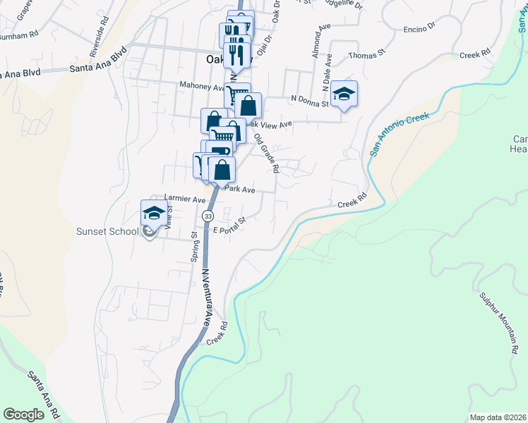 map of restaurants, bars, coffee shops, grocery stores, and more near 240 Portal Street in Oak View