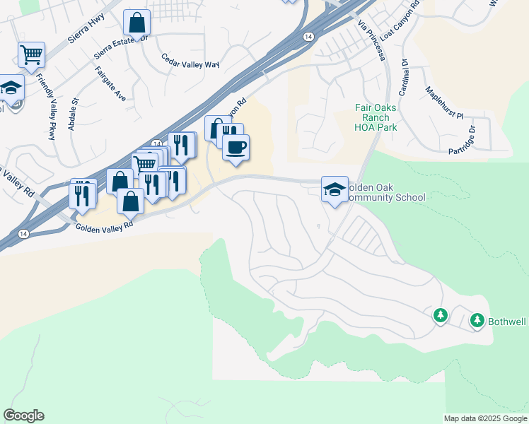 map of restaurants, bars, coffee shops, grocery stores, and more near 25160 Cypress Bluff Drive in Santa Clarita