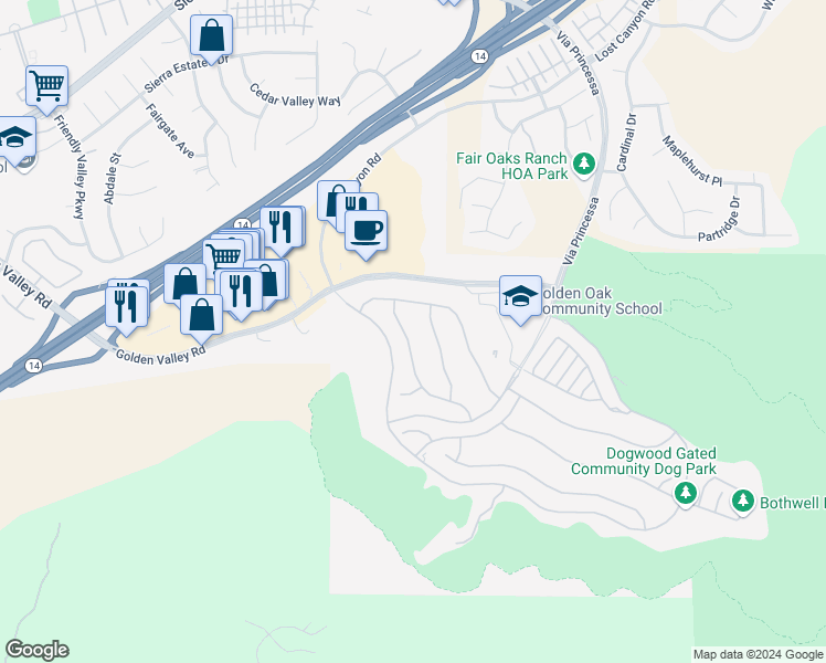map of restaurants, bars, coffee shops, grocery stores, and more near 25160 Cypress Bluff Drive in Santa Clarita