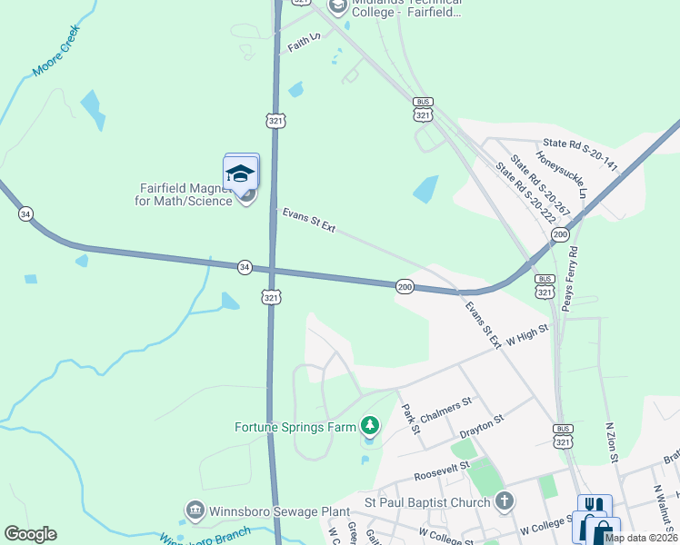 map of restaurants, bars, coffee shops, grocery stores, and more near 1236 Newberry Road in Winnsboro