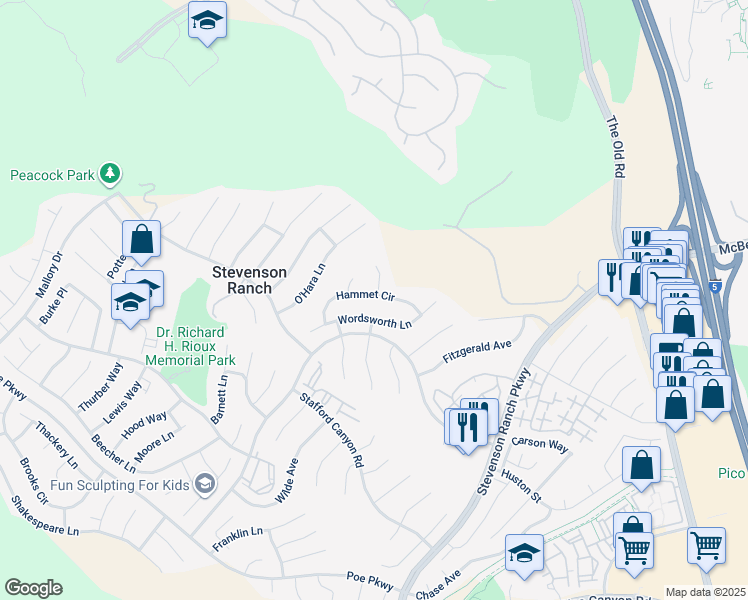 map of restaurants, bars, coffee shops, grocery stores, and more near 25802 Hammet Circle in Stevenson Ranch