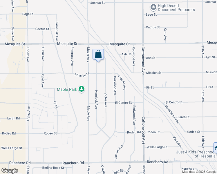 map of restaurants, bars, coffee shops, grocery stores, and more near 7773 Victor Avenue in Hesperia