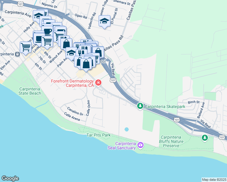 map of restaurants, bars, coffee shops, grocery stores, and more near 5606 Carpinteria Avenue in Carpinteria