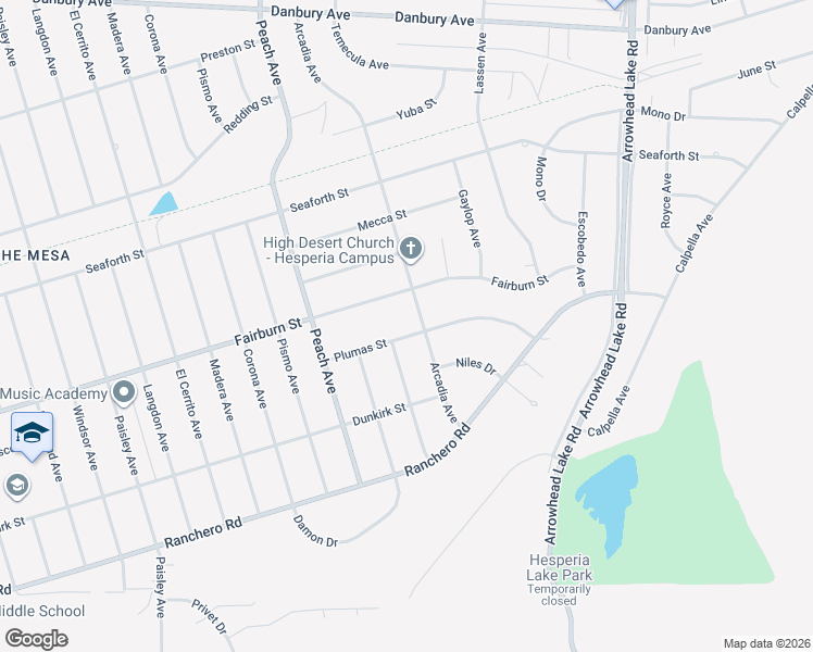 map of restaurants, bars, coffee shops, grocery stores, and more near Plumas Street in Hesperia
