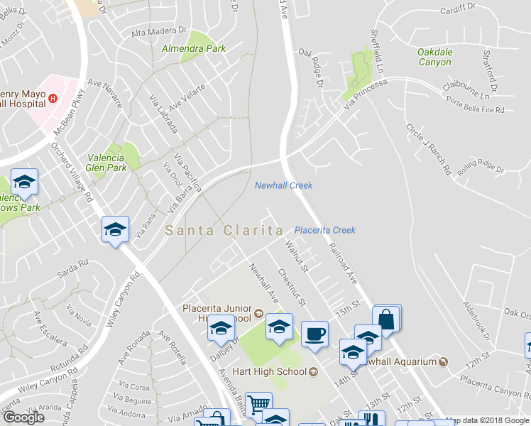 map of restaurants, bars, coffee shops, grocery stores, and more near 23005 Hilse Lane in Santa Clarita