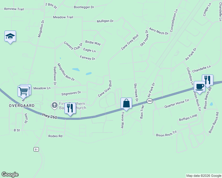 map of restaurants, bars, coffee shops, grocery stores, and more near 2328 Overgaard Springs Loop in Navajo County