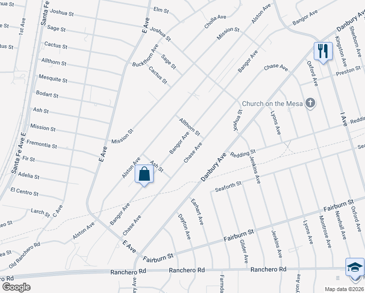 map of restaurants, bars, coffee shops, grocery stores, and more near 7811 Bangor Avenue in Hesperia
