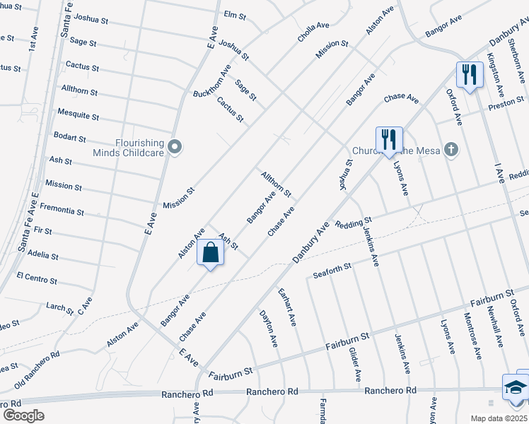 map of restaurants, bars, coffee shops, grocery stores, and more near 7811 Bangor Avenue in Hesperia