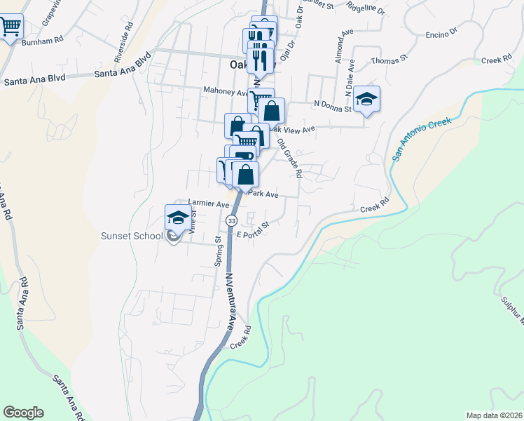 map of restaurants, bars, coffee shops, grocery stores, and more near 109 West Portal Street in Oak View