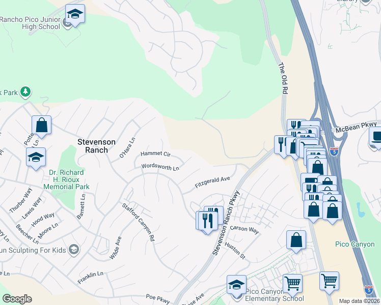 map of restaurants, bars, coffee shops, grocery stores, and more near 25605 Wordsworth Lane in Stevenson Ranch