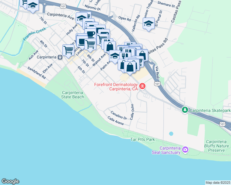 map of restaurants, bars, coffee shops, grocery stores, and more near in Carpinteria