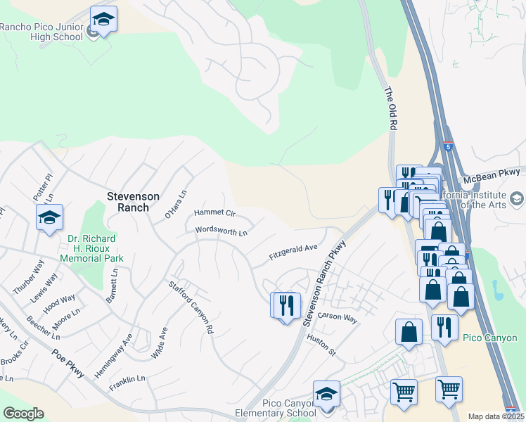 map of restaurants, bars, coffee shops, grocery stores, and more near 25605 Wordsworth Lane in Stevenson Ranch