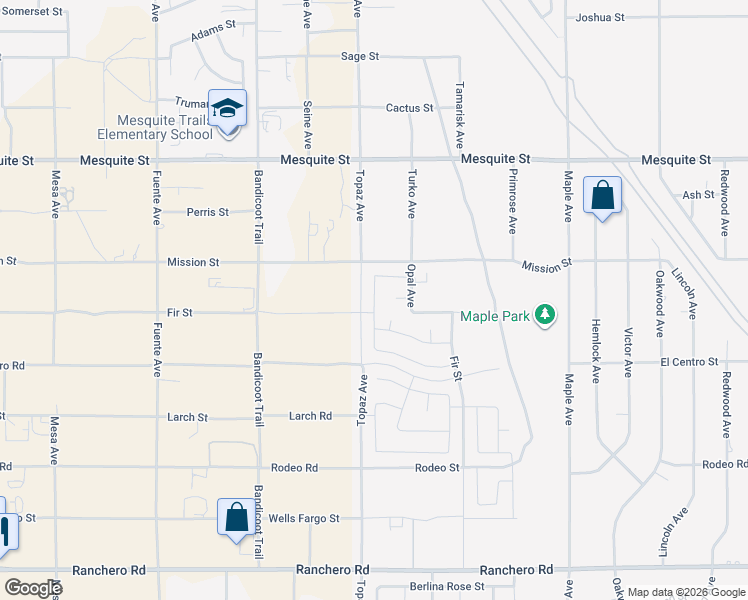 map of restaurants, bars, coffee shops, grocery stores, and more near 7825 Baylor Ave in Hesperia