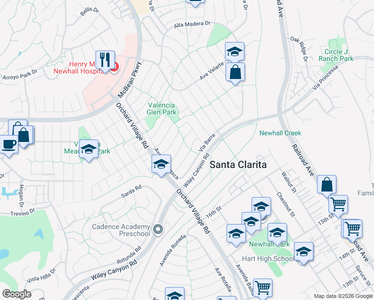 map of restaurants, bars, coffee shops, grocery stores, and more near 23521 Vía Barra in Santa Clarita