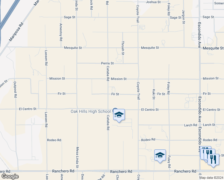 map of restaurants, bars, coffee shops, grocery stores, and more near 12730 Fir Street in Oak Hills