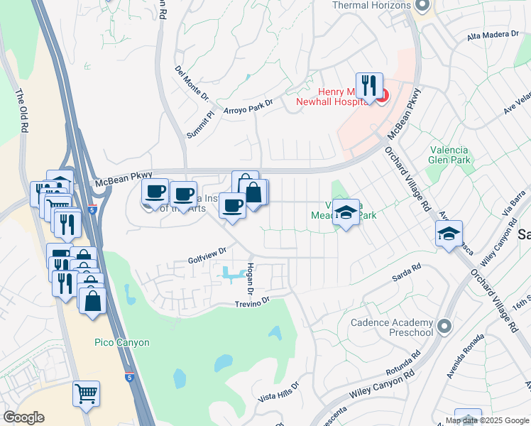 map of restaurants, bars, coffee shops, grocery stores, and more near 25781 Nashua Way in Santa Clarita