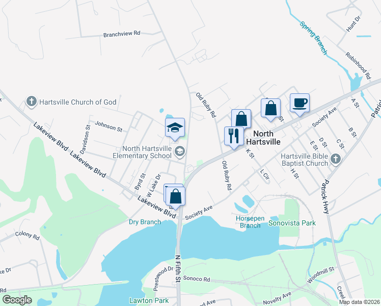 map of restaurants, bars, coffee shops, grocery stores, and more near 1103 Ruby Road in Hartsville